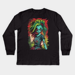 Comic book Anime style evil zombie girl lots of color mix of bright colors horror inspired Kids Long Sleeve T-Shirt